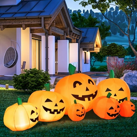 Costway - 7.5' Halloween Inflatable 7 Pumpkins Patch W/LED Light Outdoor Garden Decoration - Orange