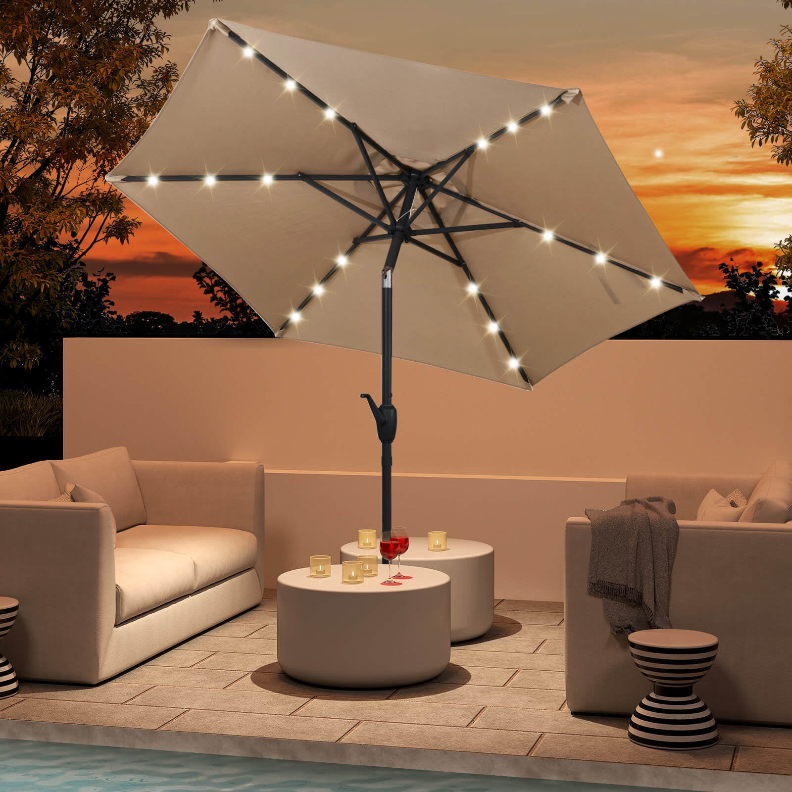 7.5 patio umbrella with solar lights 10/11/12ft LED Round Cantilever UPF50+ fabric blocks strong sun rays Costway 7.5 ft Solar Powered
