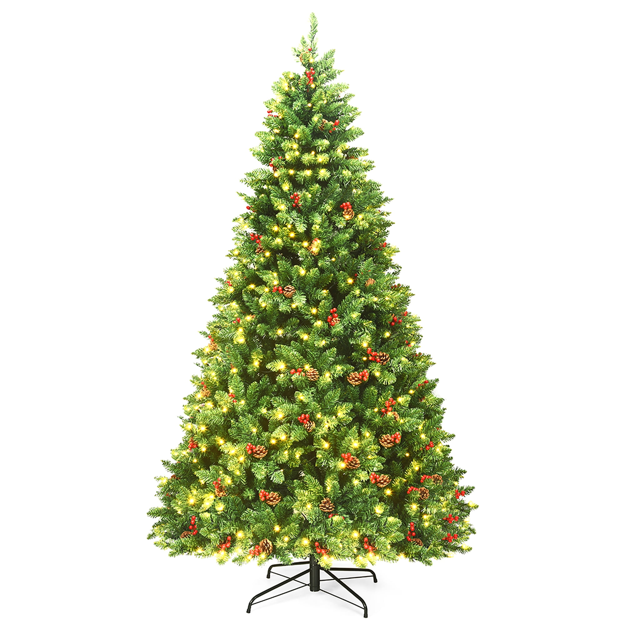 7.5' Green PVC Spruce Christmas Tree with Pine Cones and LED Lights