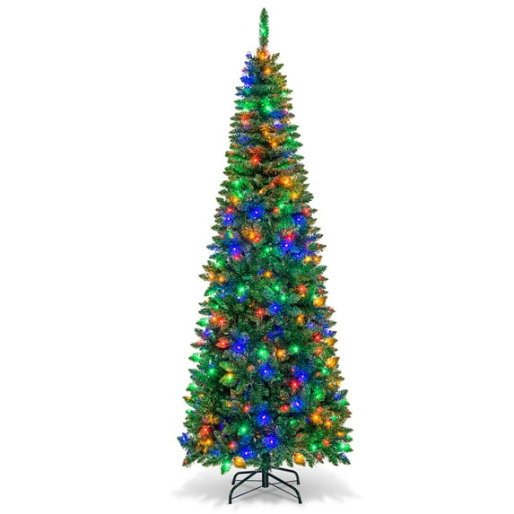 Costway 7.5ft Pre-Lit Hinged Pencil Christmas Tree 350 Multicolor Lights
