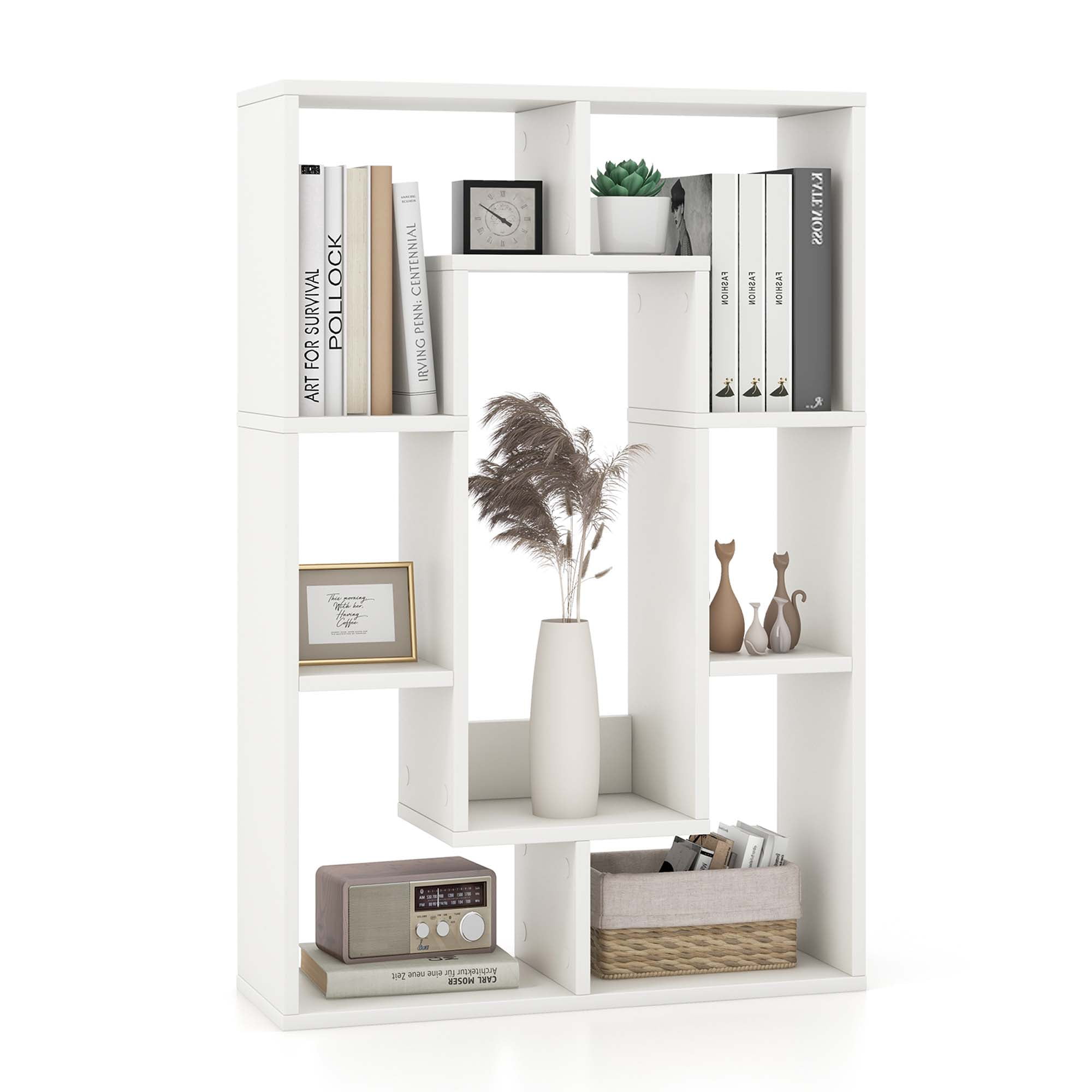 White Geometric 7-Cube Wood Bookshelf with Anti-Toppling Device