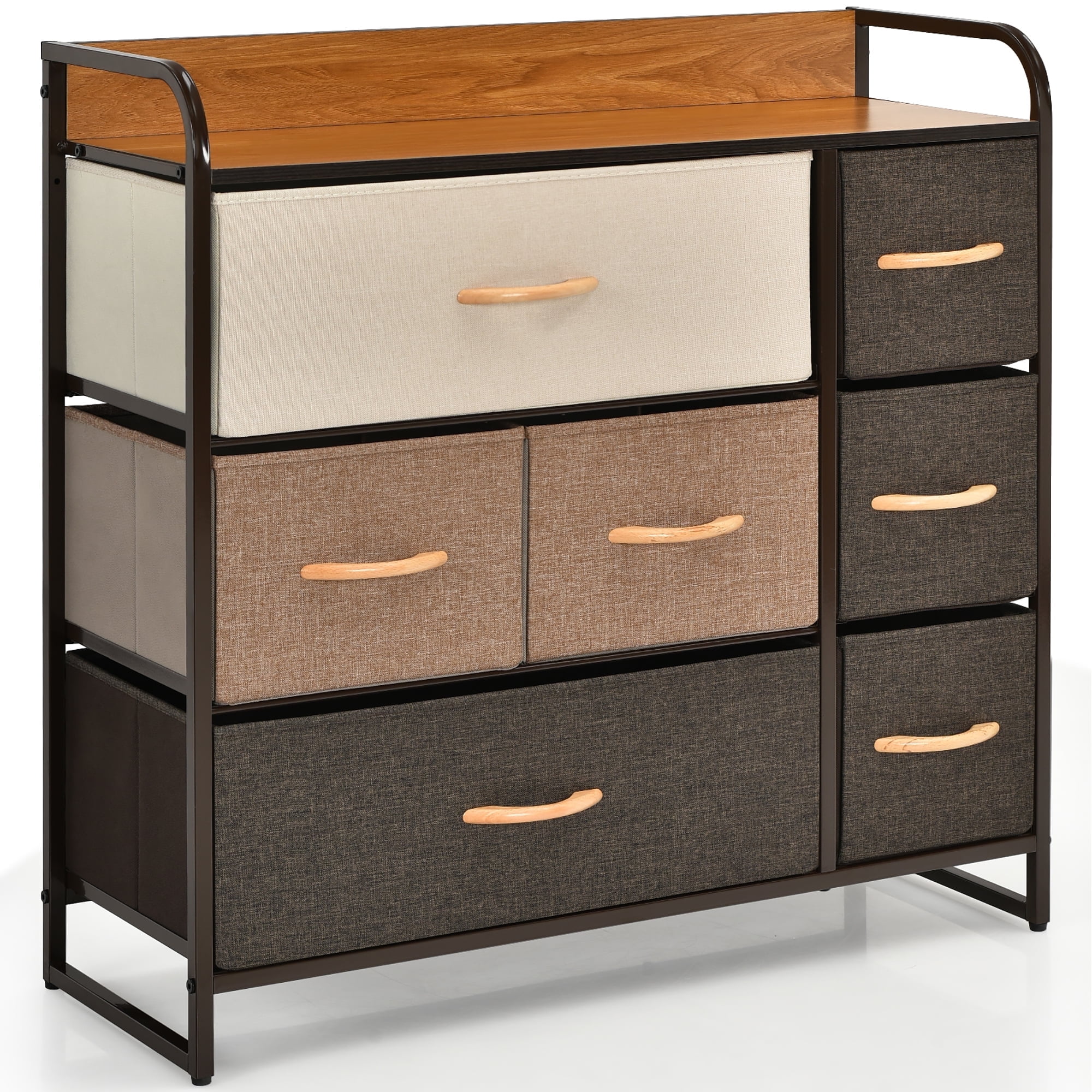 Cream and Brown 7-Drawer Fabric Dresser with Steel Frame