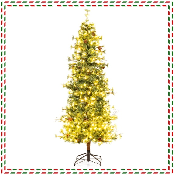 Costway 7 FT Artificial Christmas Tree with 502 Branch Needles, 28 Pine Cones, 300 Lights