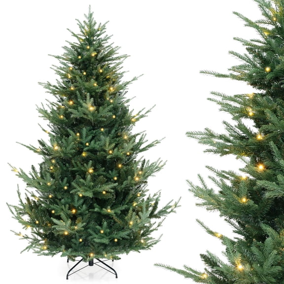 Costway 7 FT Artificial Xmas Tree with 1090 PVC PE Branch Tips 340 Warm White LED Lights