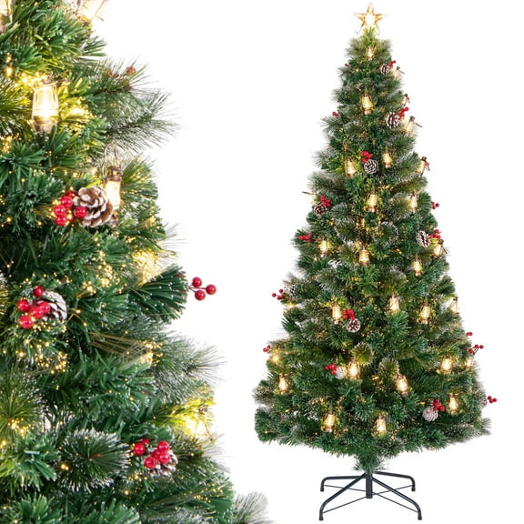 Costway 7 FT Christmas Tree Artificial Xmas Tree with 8 Lighting Modes 80 Warm LED Lights