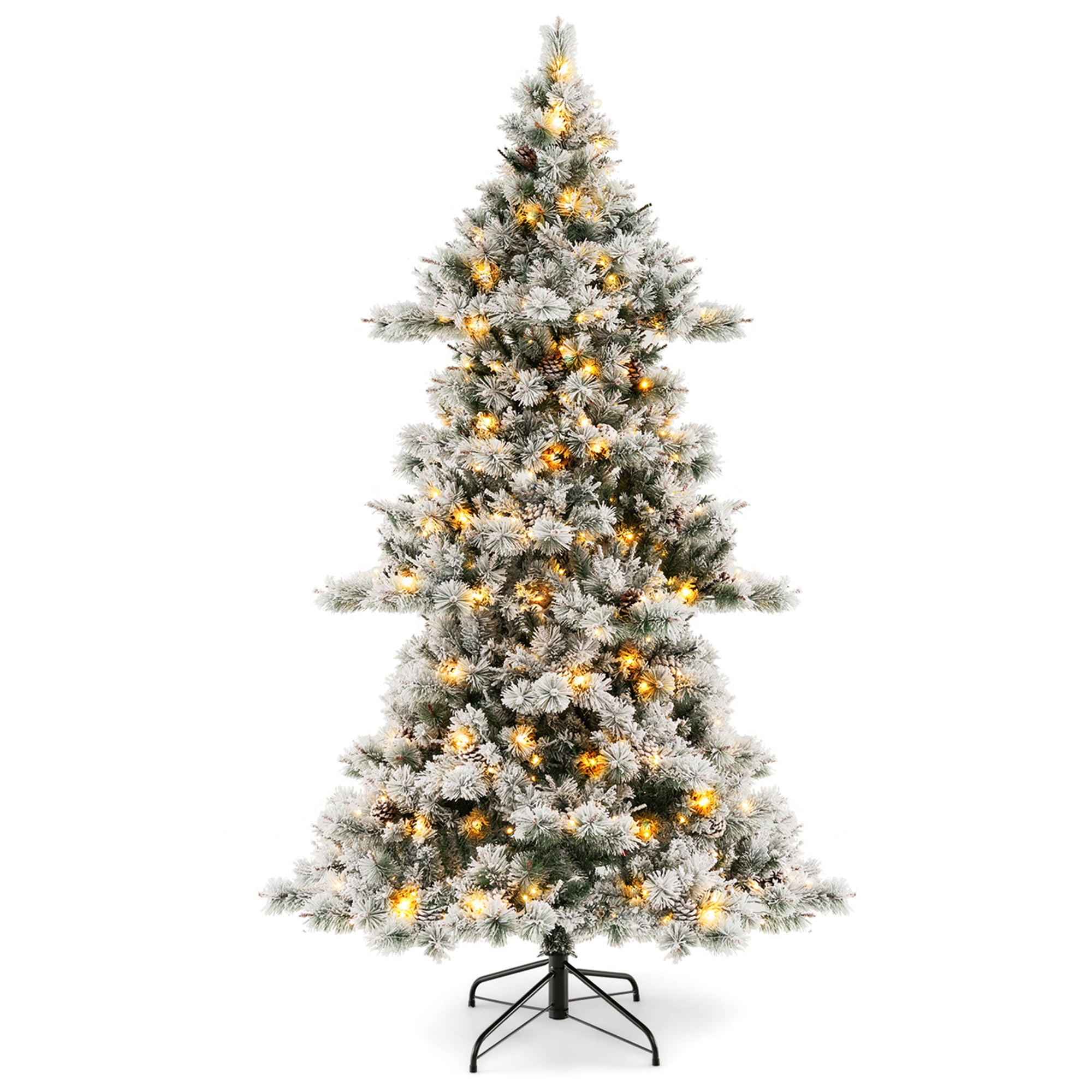 Costway 7 FT Flocked Christmas Tree Hinged Xmas Decoration with 420 LED ...