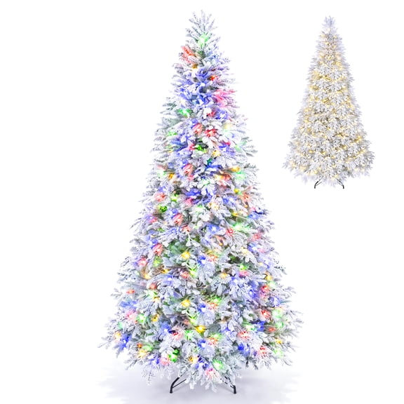 Costway 7 FT Flocked Christmas Tree with 513 Full Branch Tips, PE Material, 270 LED Lights Snow Flocked