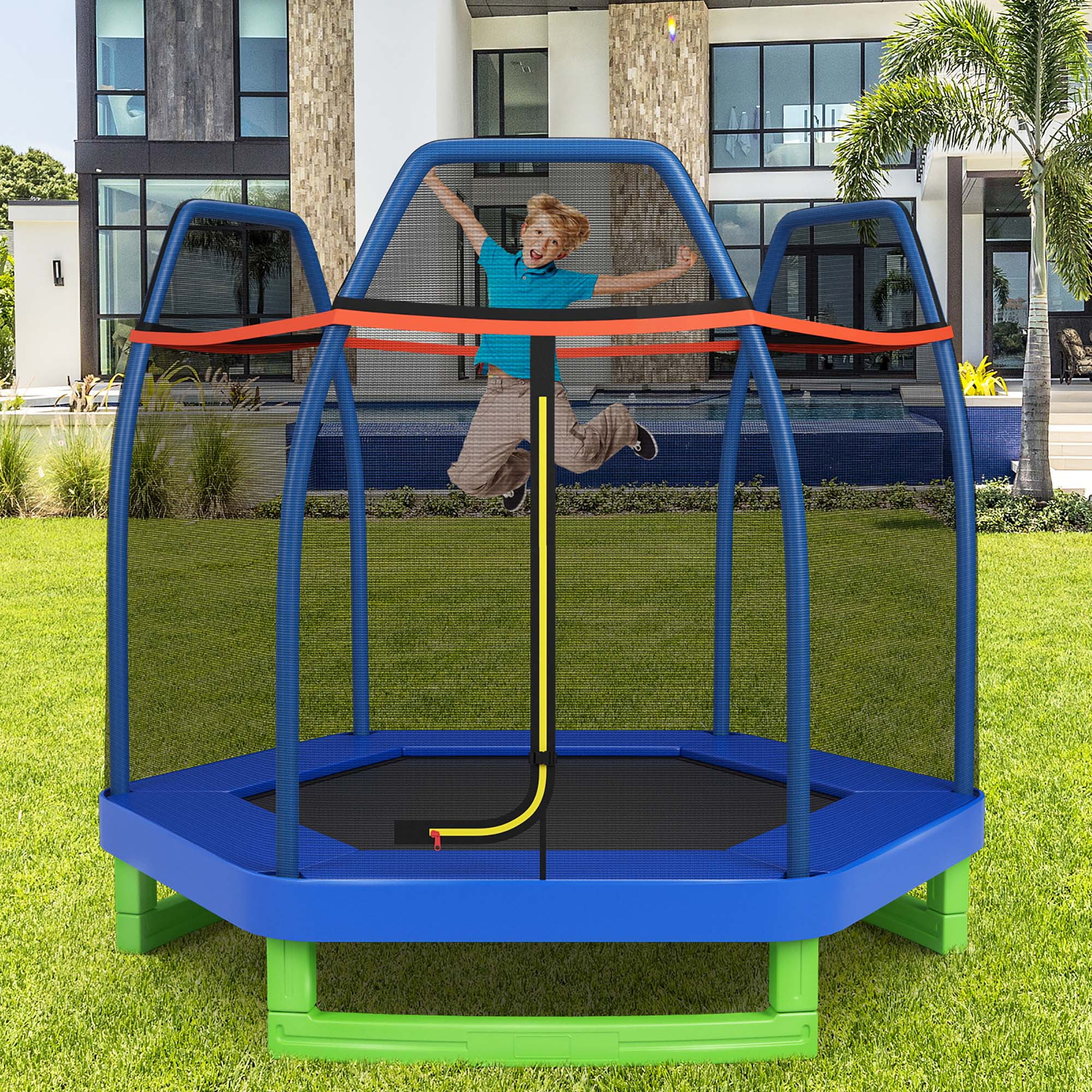 Costway 7 FT Kids Trampoline with Safety Enclosure Net Spring Pad