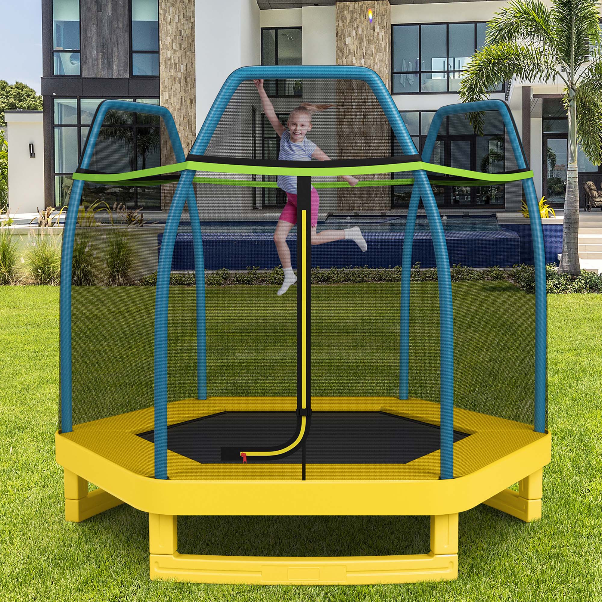 Costway 7 FT Kids Trampoline with Safety Enclosure Net Spring Pad Indoor Outdoor Heavy Duty Green - image 1 of 10
