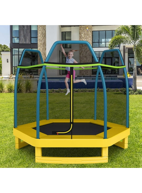 Costway 7 FT Kids Trampoline with Safety Enclosure Net Spring Pad Indoor Outdoor Heavy Duty Green