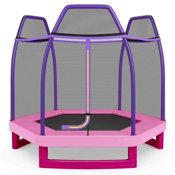 Costway 7 FT Kids Trampoline with Safety Enclosure Net Spring Pad & Jumping Mat for Kids Pink