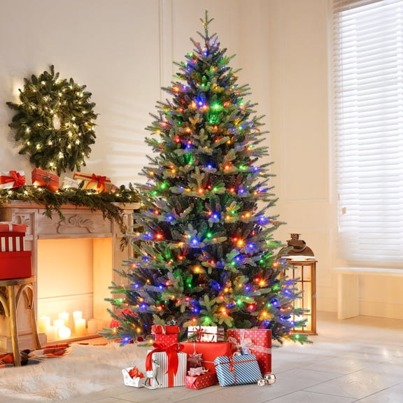 Costway 7 FT Pre-Lit Christmas Tree Hinged with 470 Multi-color Lights & 1646 Branch Tips