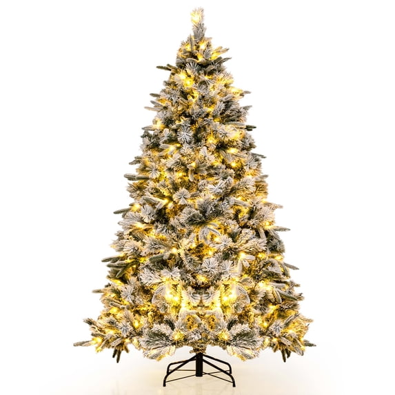 Costway 7 FT Pre-Lit Flocked Christmas Tree Hinged Xmas Decoration with 300 LED Lights