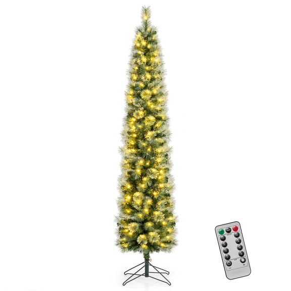 Costway 7 FT Pre-Lit Pencil Artificial Christmas Tree with 150 LED Warm White Lights,8 Modes