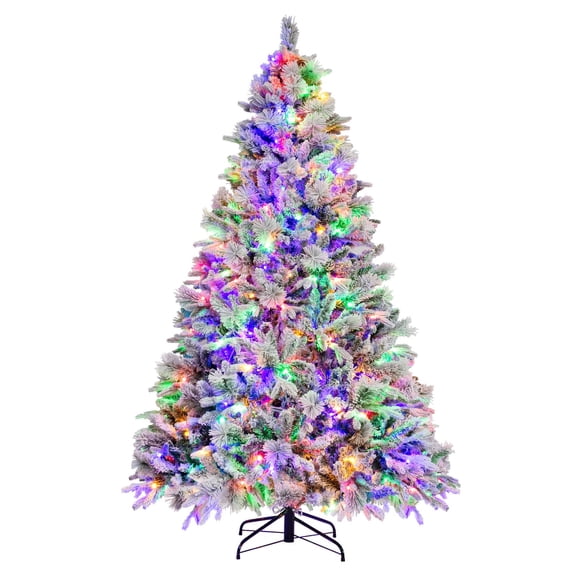 Costway 7 FT Pre-Lit Snow Flocked Christmas Tree Hinged Xmas Tree with 8 Modes 320 Lights
