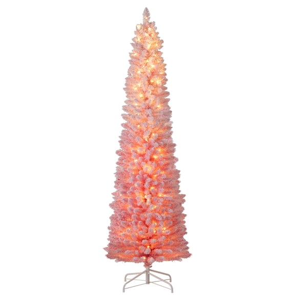 Costway 7 FT Snow-flocked Artificial Pink Christmas Tree with 180 Lights & 527 Branch Tips