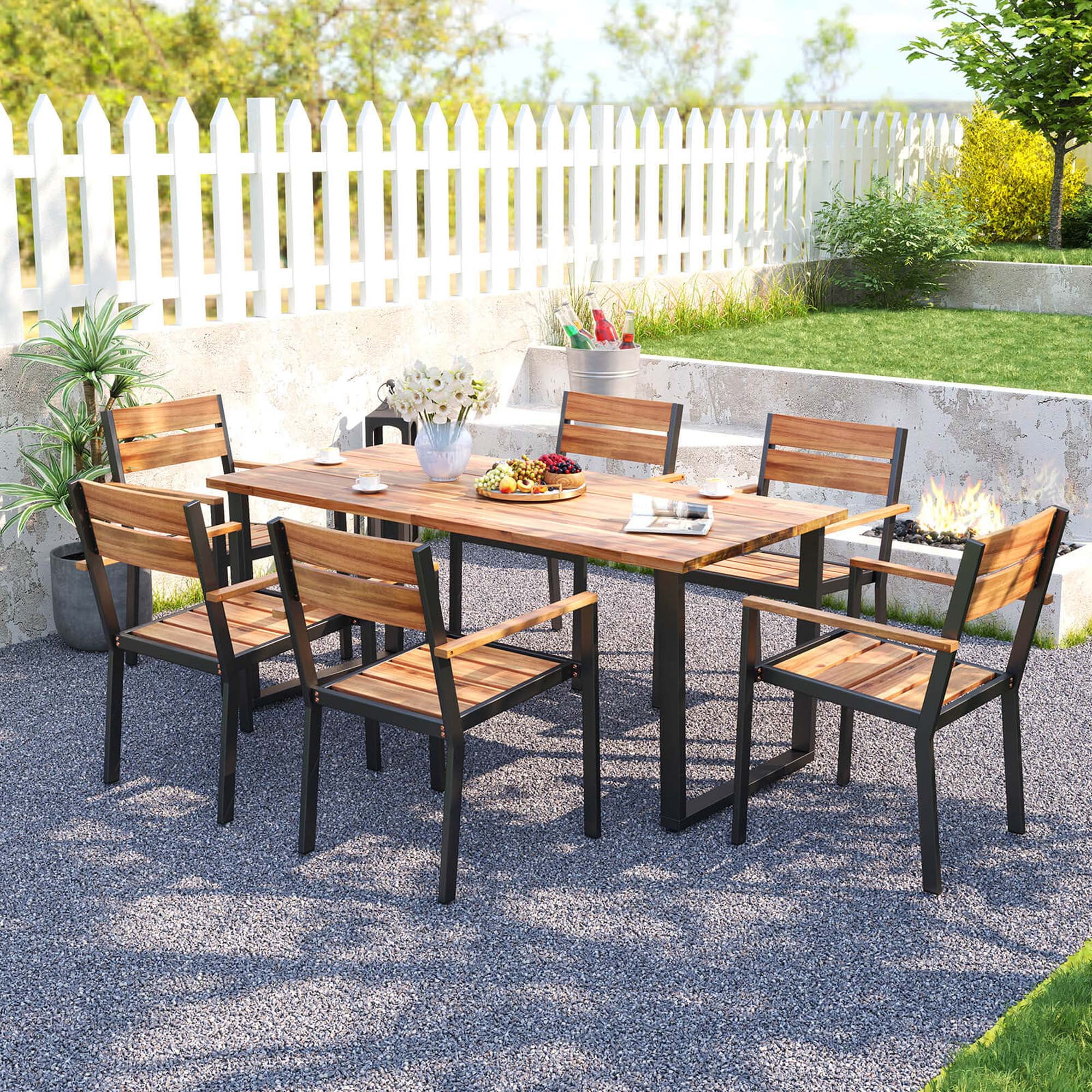 Costway 7 PCS Acacia Wood Patio Dining Set 6 Armchairs and 63