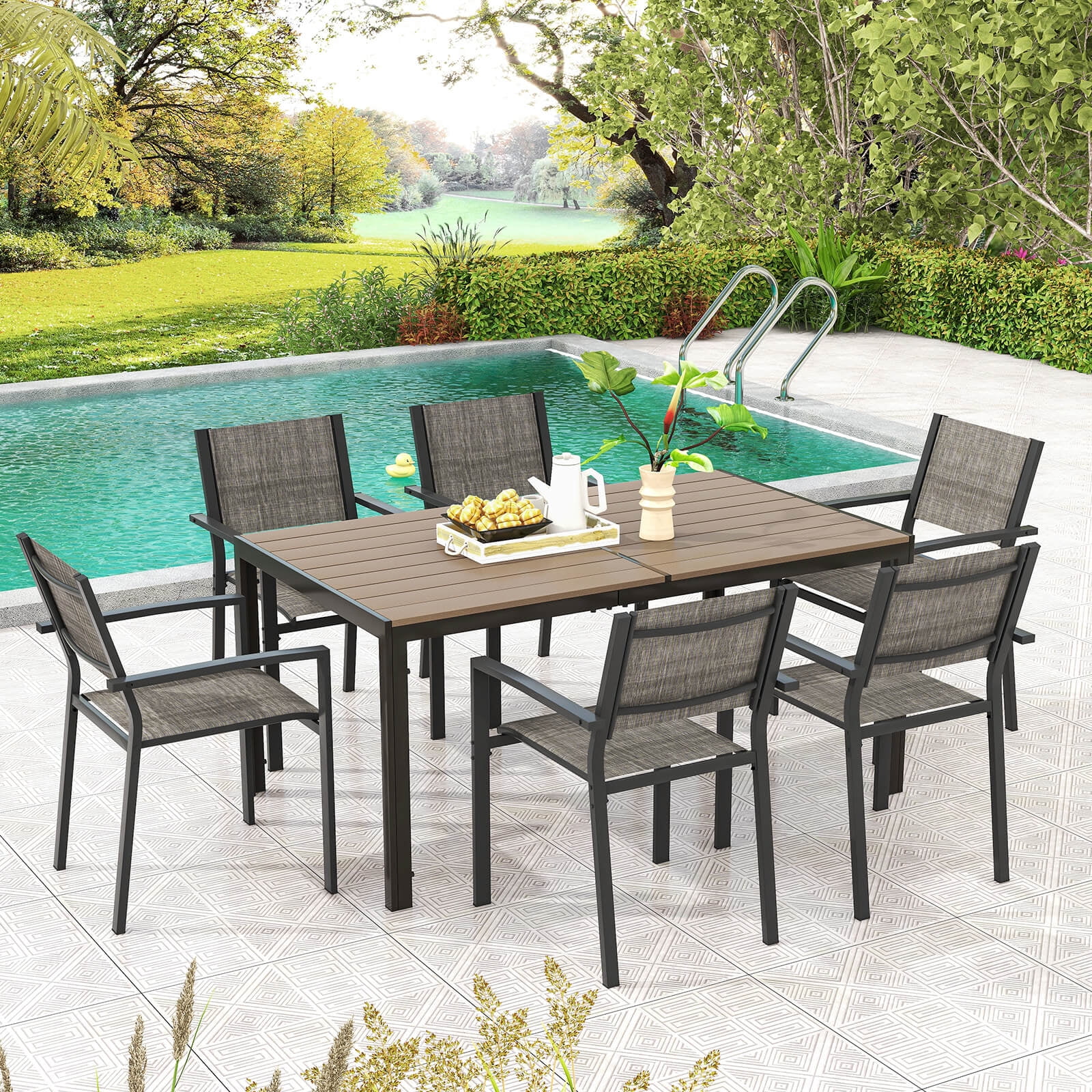Costway 7 PCS Outdoor Dining Set with 6 Stackable Chairs Large Rectangle Table Garden
