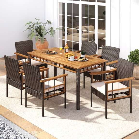 Costway 7 PCS PE Wicker Patio Dining Set with 1.97 Umbrella Hole, Cushions for Deck Garden Mix Brown