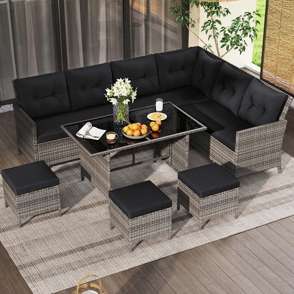 Costway 7 PCS Patio Dining Furniture Set PE Rattan Sectional Sofa Set with Soft Cushions Black