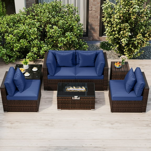 Costway 7 PCS Patio Furniture Set 40,000 BTU Gas Fire Pit Table Propane Tank Cover Table Mix Brown + Navy