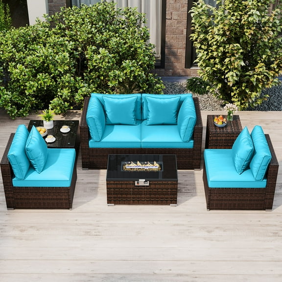 Costway 7 PCS Patio Furniture Set 40,000 BTU Gas Fire Pit Table Propane Tank Cover Table Mix Brown + Turquoise