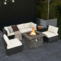 Costway 7 PCS Patio Furniture Set with 50,000 BTU Fire Pit Table Wicker Sofa Set with Cushions Off White