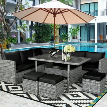 Costway 7 PCS Patio Rattan Dining Set Sectional Sofa Couch Ottoman Garden  Turquoise