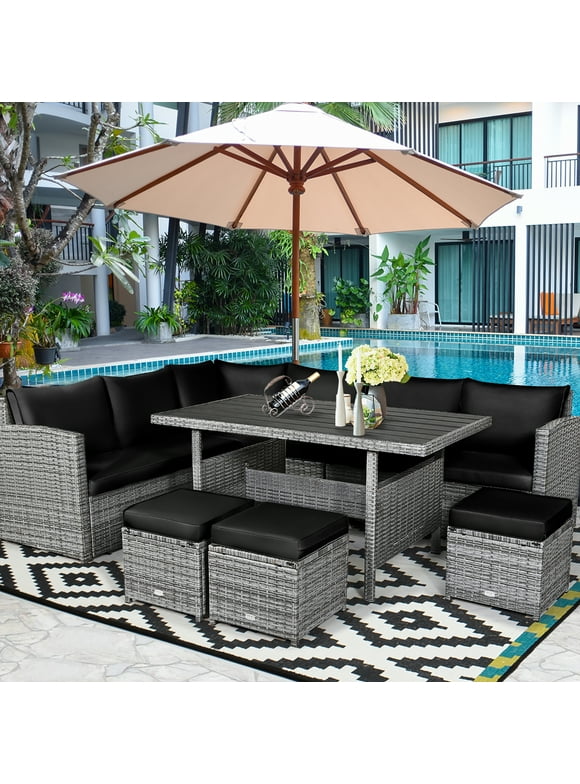 Costway 7 PCS Patio Rattan Dining Set Sectional Sofa Couch Ottoman Garden Black
