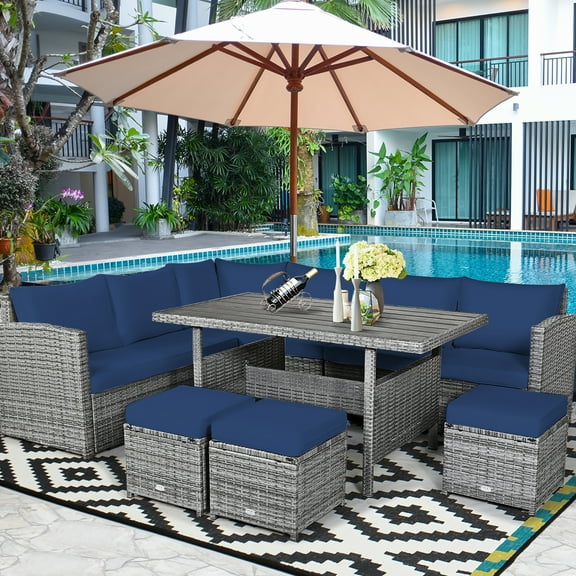 Costway 7 PCS Patio Rattan Dining Set Sectional Sofa Couch Ottoman Navy