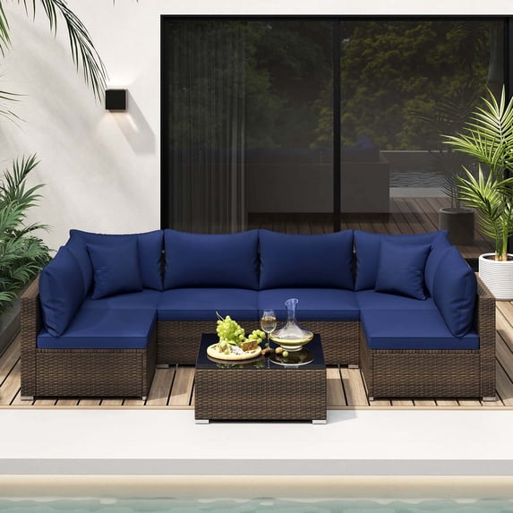 Costway 7 PCS Patio Rattan Furniture Set Sectional Sofa Cushioned Garden Blue