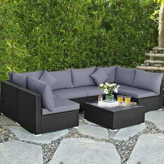 Costway 7 PCS Patio Rattan Sofa Set Sectional Conversation Furniture Set Garden Outdoor Gray