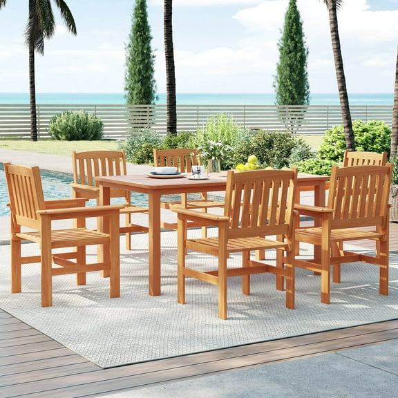 Costway 7 PCS Patio Wood Dining Table Set with 2 Umbrella Hole Outside Furniture Set
