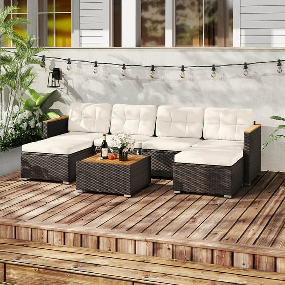 Costway 7 PCS Wicker Conversation Set with Seat & Back Cushions Wood Armrests & Tabletop