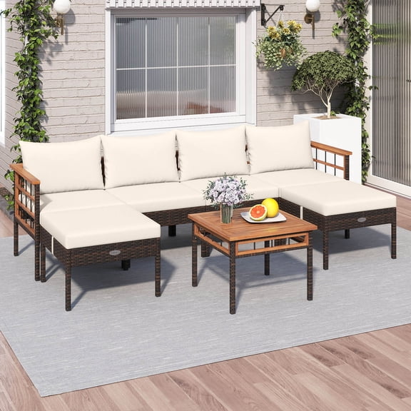 Costway 7 PCS Wicker Furniture Set with Ottomans Side Table Acacia Wood Tabletop Armrests Mix Brown + Off white