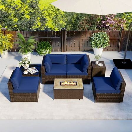 Costway 7 Pieces Outdoor Furniture Set with 32" Fire Pit Table and Propane Tank Cover Navy