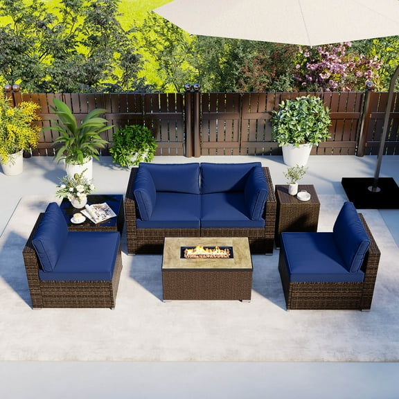 Costway 7 Pieces Outdoor Furniture Set with 32" Fire Pit Table and Propane Tank Cover Navy