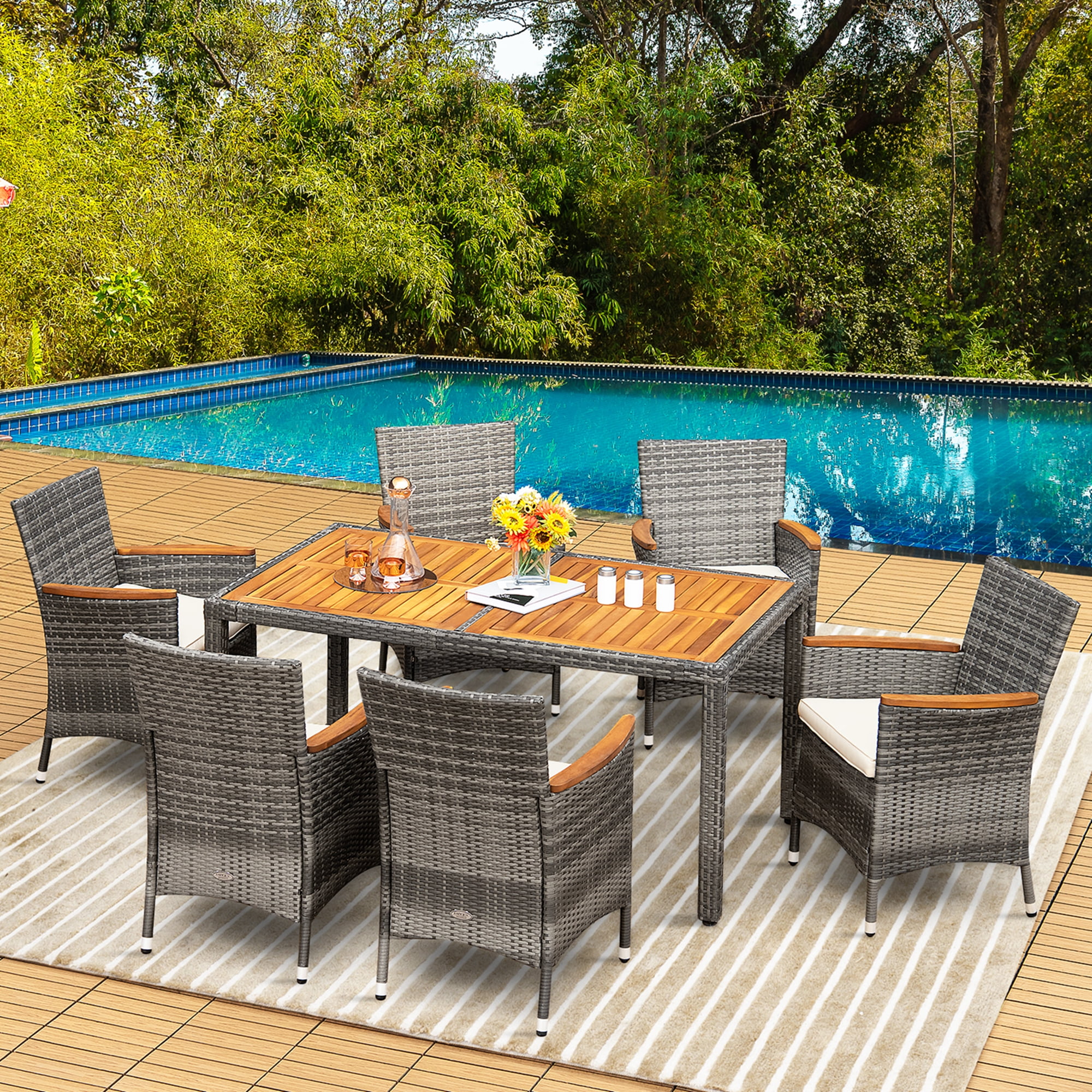 Costway Brandclub Costway 7PCS Patio Rattan Dining Set Acacia Wood Table Cushioned Chair Mix Gray