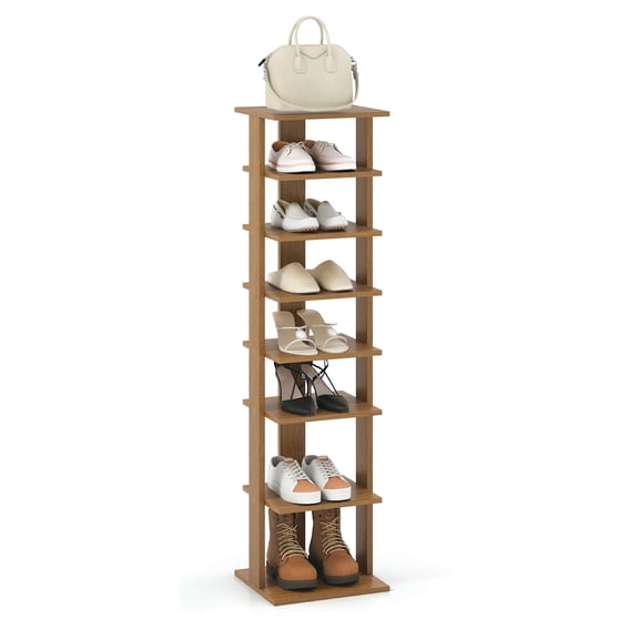 Costway 7-Tier Wooden Shoe Rack Narrow Vertical Shoe Stand Storage Display Shelf Natural Natural