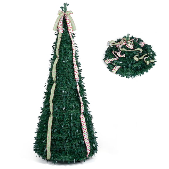 Costway 7 ft Pop Up Christmas Tree with PVC Holly Leaves 4 Festive Satin Ribbons Easy Setup
