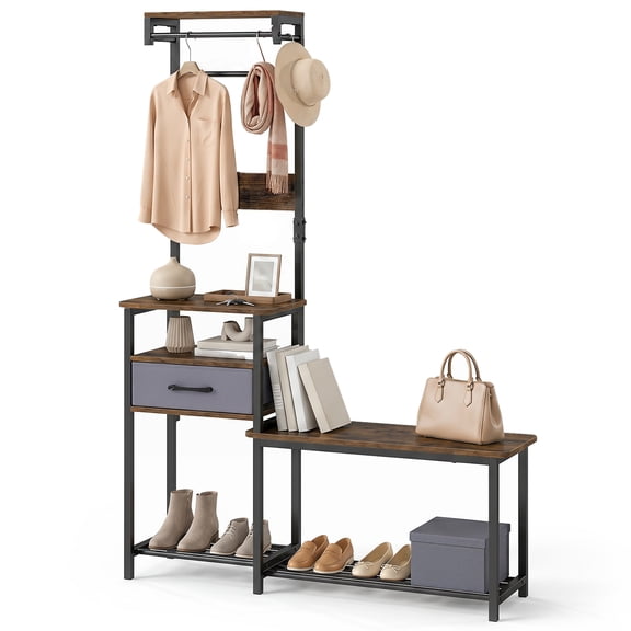 Costway 7-in-1 Hall Tree with Shoe Bench, Freestanding Coat Rack with Hooks, Shoe Rack