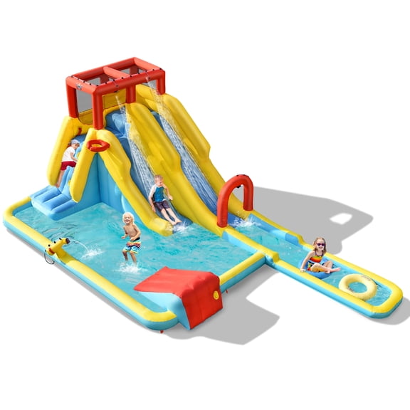 Costway 7 in 1 Inflatable Dual Slide Bounce Houses Climbing Bouncer Without Blower for Toddler, Bouncy Water Park