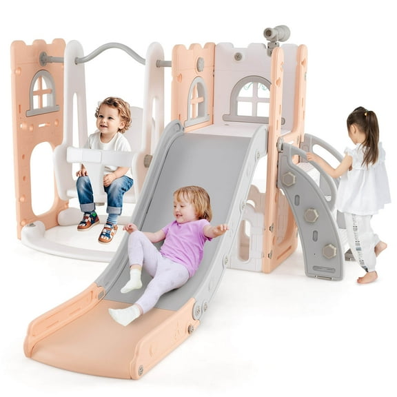 Costway 7-in-1 Toddler Slide & Swing Set Indoor Playground for Kids Age 1-3 Years Old Pink+Gray