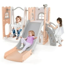 Costway 7-in-1 Toddler Slide & Swing Set Indoor Playground for Kids Age 1-3 Years Old Pink Gray