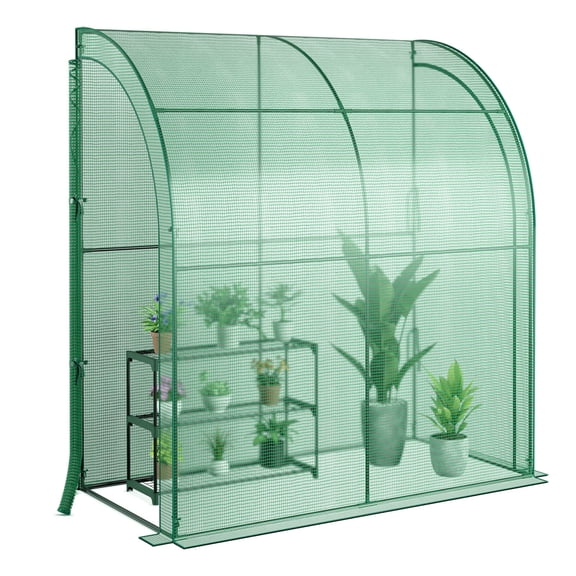 Costway 7'x 3.5'x 7' Lean-to Greenhouse Portable Wall House with Green PE Cover and Shelf