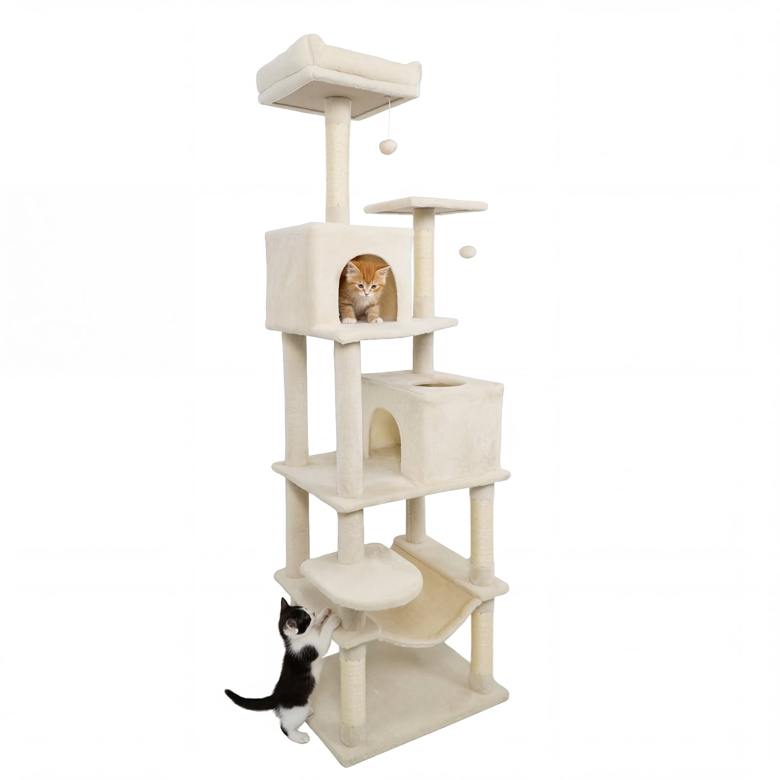 Costway 70” Cat Tree for Indoor Cats with Padded Top Perch, Dual Condos, Hammock, Platforms Beige