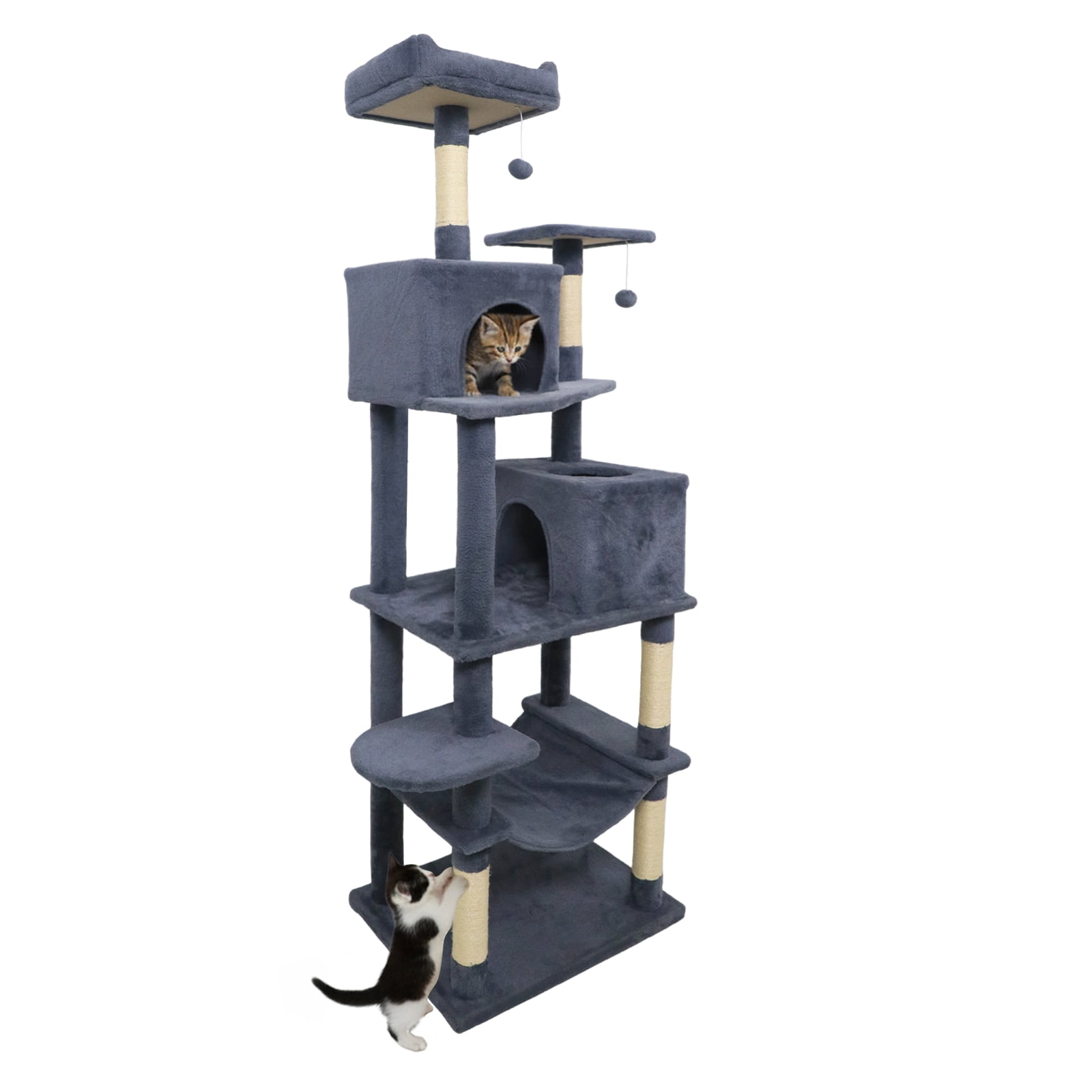 Costway 70” Cat Tree for Indoor Cats with Padded Top Perch, Dual Condos, Hammock, Platforms Dark Gray
