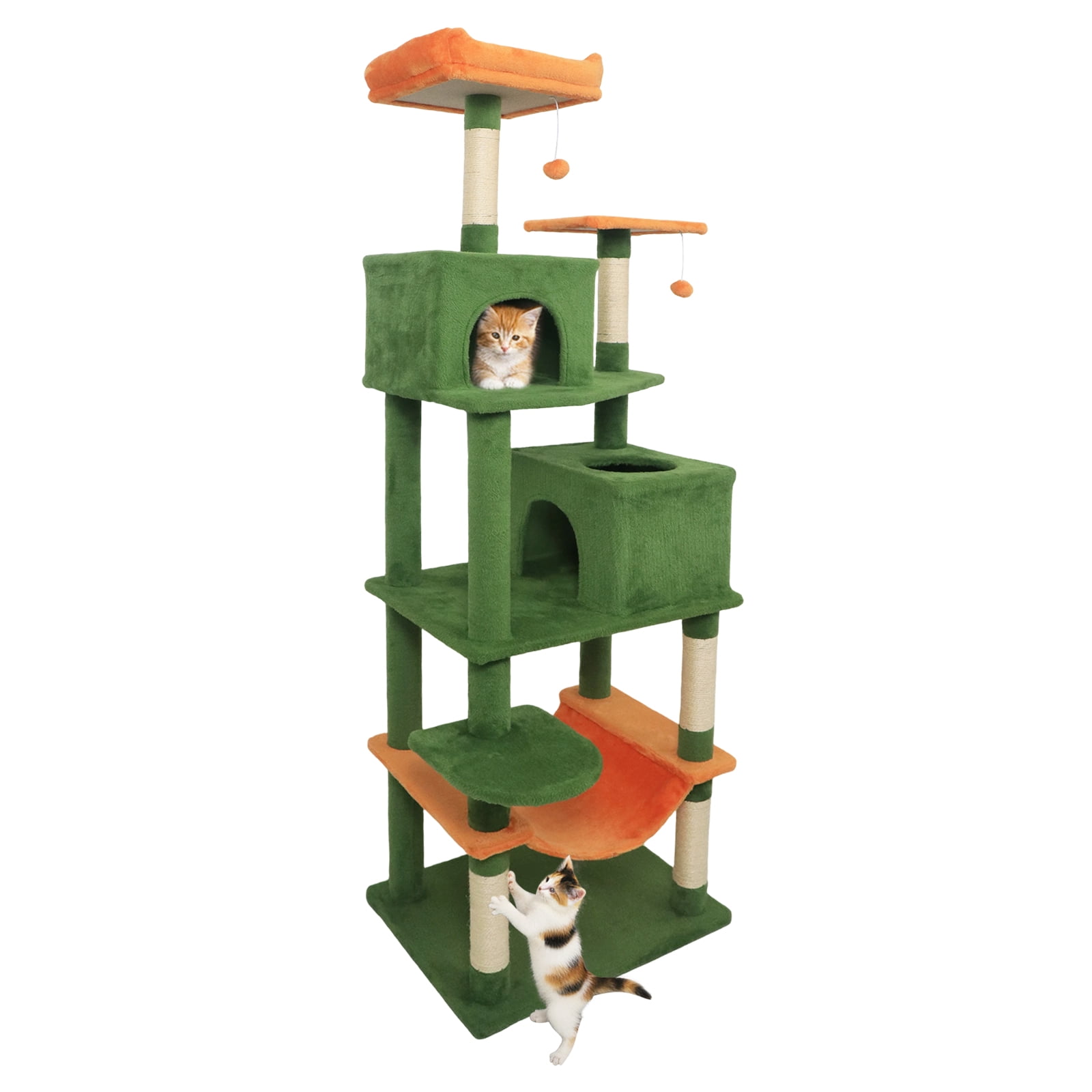 Costway 70” Cat Tree for Indoor Cats with Padded Top Perch, Dual Condos, Hammock, Platforms Green