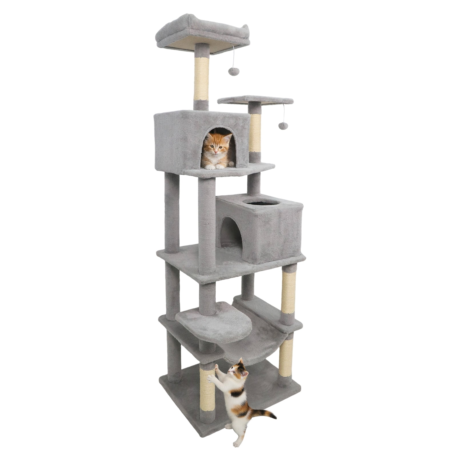 Costway 70” Cat Tree for Indoor Cats with Padded Top Perch, Dual Condos, Hammock, Platforms Light Gray
