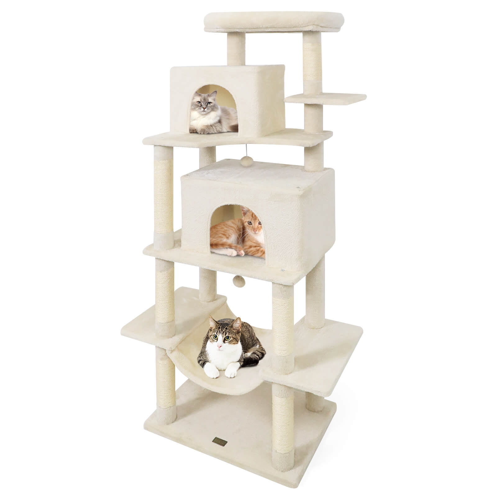Costway 70” Large Cat Tree for Indoor Cats with Plush Top Perch, Dual large Condos, Hammock Beige